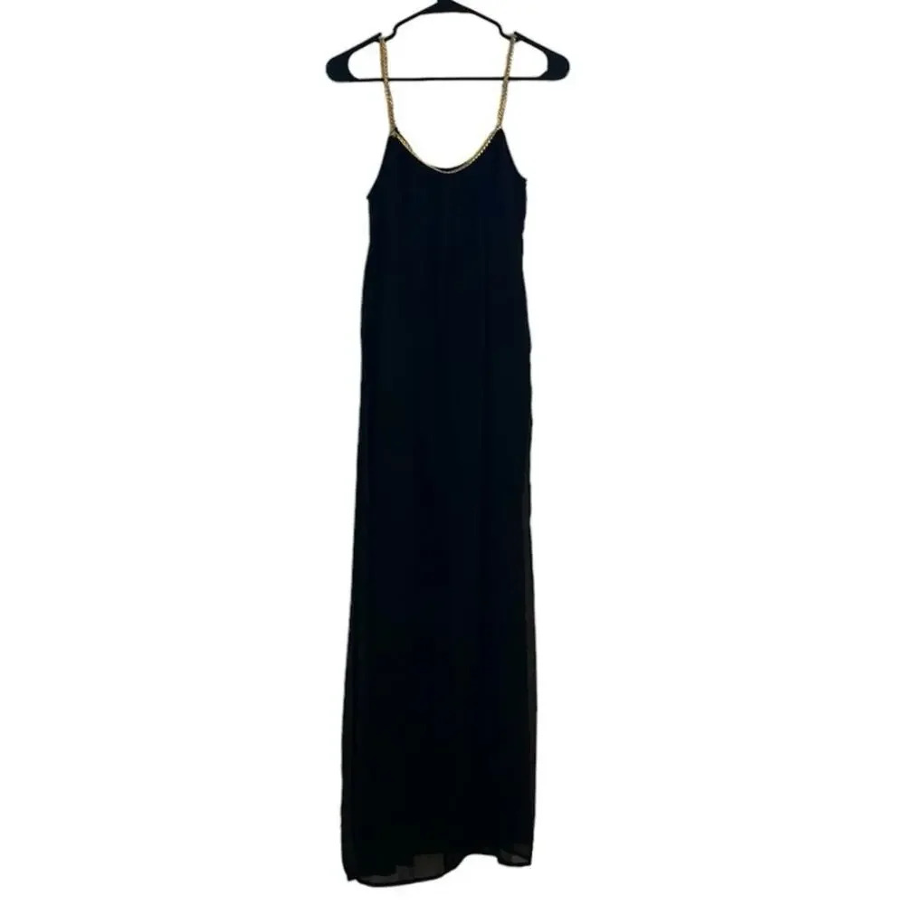 Annabelle Black Maxi Sheer Dress Golden Braided Straps size M